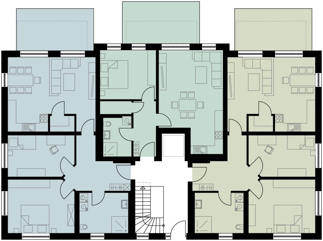 Grundriss EG links eines Mehrfamilienhauses mit drei Wohnungen Winterer Hof Milena Immobilien